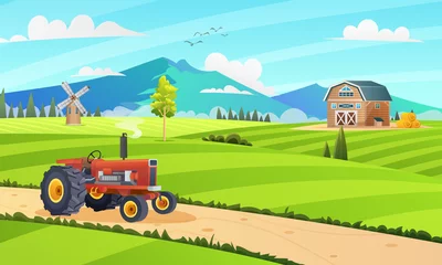 Fotobehang Rural farm field landscape with tractor and buildings cartoon illustration concept © YG Studio