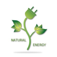 Electric plug icon with green leaves and lettering Natural Energy - Renewable energy concept, alternative green nature energy - isolated on white background - 3D Illustration