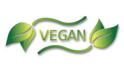 Text Logo Vegan Concept - Vegan food diet icon - Green lettering in trendy style with leaf plant elements and frame - isolated on white background - 3D Illustration - obrazy, fototapety, plakaty