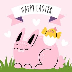 Easter card with cute white rabbit and chick. Ribbon with the inscription happy easter. Vector cartoon illustration