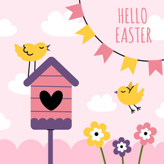 Easter card with a cute pink birdhouse, a garland of flags and yellow birds. Inscription hello easter. Vector cartoon illustration