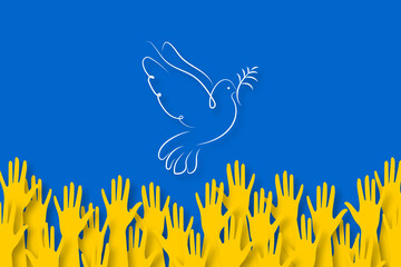 Horizontal poster with dove of peace in paper cut style. Hands of the Ukrainian people in the struggle for peace. The slogan Peace to Ukraine in the symbolic colors of the flag blue and yellow.