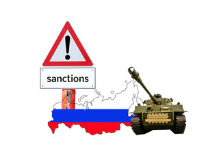 Tank with Russia map and sanctions sign