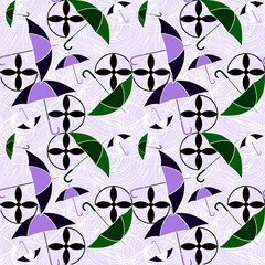 Creative composition with the image of colorful umbrellas. Decorative pattern on a summer theme. Material for printing on paper or fabric, background drawing.