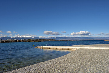 the new artificial beach of Les Eaux Vives in a beautiful winter day in Geneva, Switzerland