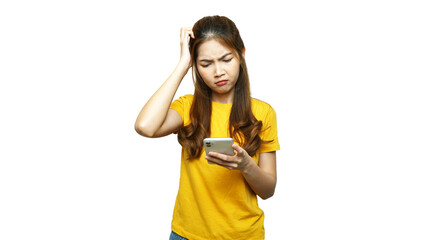 Young Asian woman holding smartphone frowning face from upset and scratching head, white background.
