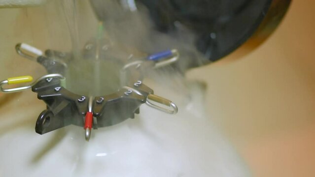 Dewar vessel with liquid nitrogen with frozen embryos and eggs in a cryobank in a modern IVF clinic. Reproductive medicine, in vitro fertilization