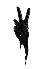 Peace out. Black paint outlining a hand making a peace sign.