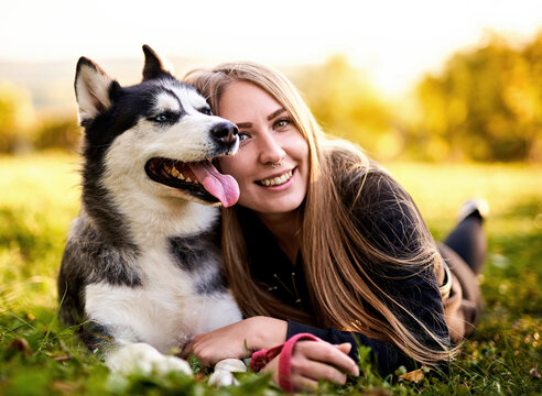 Siberian husky sitting in grass outdoors with th owner girl together - Human and dog friendship and loyalty concept outside on a countryside field