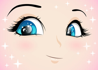 The face of a girl with a smile and blue eyes in anime style. Emotion of joy.