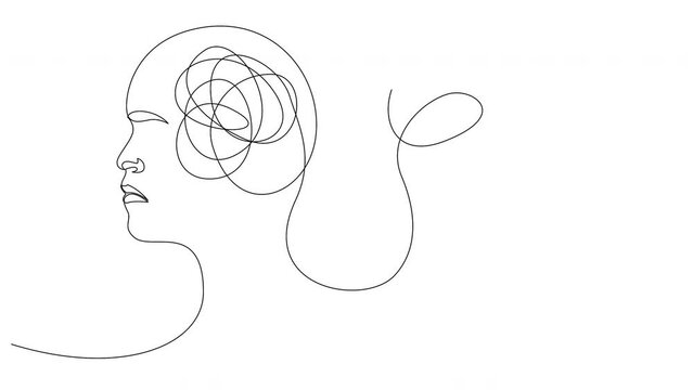 Self drawing animation of one continuous line confused thoughts concept. Two people with a conditional image of the brain in the form of a tangled ball