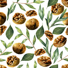 Watercolor seamless pattern with walnuts and greenery. Tropic design with natural organic elements - 489346465