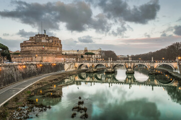 View of Castel Sant'Angelo at twilight, Rome, Italy