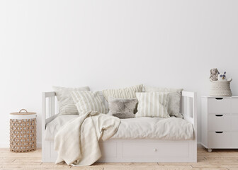Empty white wall in modern child room. Mock up interior in scandinavian style. Free, copy space for your picture, poster. Bed, rattan baskets, toy. Cozy room for kids. 3D rendering.