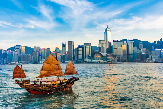 HONG KONG, CHINA, 12 JANUARY 2018: A traditional boat sailing in Victoria Harbor