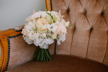 Beautiful bouquet of roses and peonies for a woman. Gift on Women's Day March 8