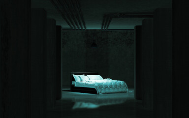 Bed and modern architecture in the dark. Dreamlike or fantasy concept of sleeping and dreaming....