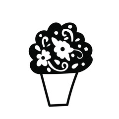 Vector simple illustration Spring flowers with black line for Easter hand drawn. Single botanical holiday picture in doodle style.  Design for stickers, social media, cards, packaging, printing.