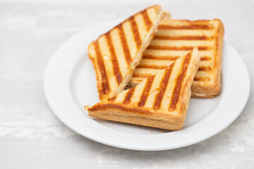 Fototapeta na wymiar fresh breakfast toasts on white plate on ceramic
