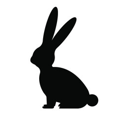 A black silhouette of a sitting rabbit on an isolated white background. Profile view.