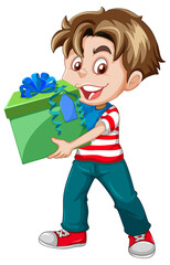 A boy holding a gift box cartoon character on white background