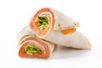 Salmon wrap sandwich roll with cheese and vegetables isolated on white background