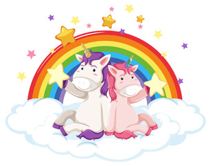 Obraz na płótnie Canvas Unicorns sitting on a cloud with rainbow
