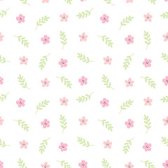 Cute seamless pattern with little pink flowers and leaves  in pastel colors. Can be used for wallpaper, scrapbooking, textile, baby clothes, gift wrapping, paper. Vector illustration