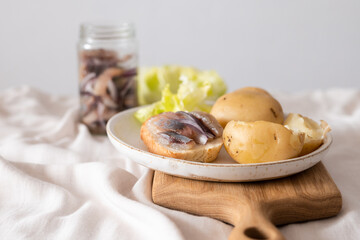 Food photography. Serving option. Salted herring with boiled potatoes and red onions. Dinner.