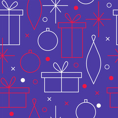 Christmas seamless vector pattern. Minimalistic illustration with snowflakes and Christmas tree decoration ball. Line art, north hugge aesthetic