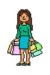 Happy woman after shopping carrying many bags and packages, pixel art character isolated on white background. Sale character. Female store client. Old school 8 bit slot machine, video game graphics.