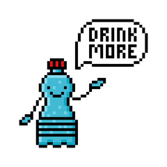 Drink more quote and cute happy smiling plastic water bottle character, pixel art print isolated on white background. Weigh loss tip. Fitness advice. Healthy lifestyle poster. Sport body care rule.