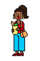 Black woman after supermarket shopping carrying paper bag with food, pixel art character isolated on white background. Grocery store client, girl character. 8 bit slot machine, video game graphics.