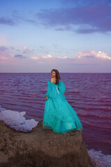 Fototapeta na wymiar young girl in huge long blue princess dress is standing from the back and smiling happy near pink sea at sunset and looking away. travel concept, free space