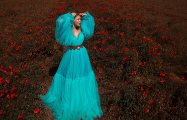 young blonde girl with long hair in huge blue princess dress is standing and smiling happy with...