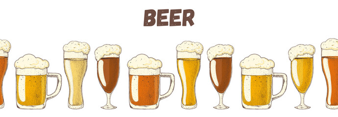 Beer glasses. Pub or bar menu design template. Horizontal seamless background. Hand drawn vector illustration.