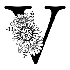 Capital letter V with flowers. Monogram, title, victory symbol. Black outline drawing. Vector illustration isolated on white background. Family logo, sign. Floral design, name initials, print.