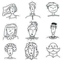 a set of silhouettes of faces in doodle style for avatars