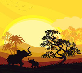 Fototapeta na wymiar Cartoon African Savannah Card Poster - elephants during sunset