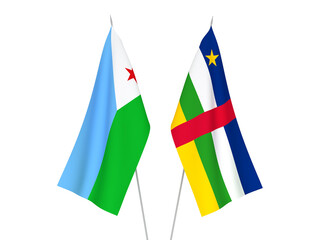National fabric flags of Central African Republic and Republic of Djibouti isolated on white background. 3d rendering illustration.