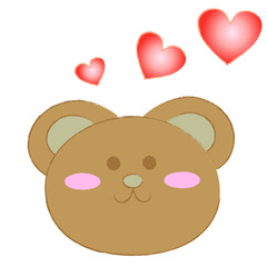 Drawing of cute brown bear and red hearts on white background. It is a vector work.