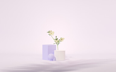 3D podium display, pastel purple and very peri background with rose flowers and palm leaf shadow. Minimal pedestal for beauty, cosmetic product. Valentine, feminine copy space template 3d render	