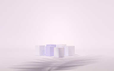 Podium display, abstract background. Pastel purple and very peri color scene. Bubble and palm leaf shadow. Minimal pedestal for beauty, product. Valentine, Women's day. 3d render	
