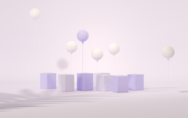 Podium display, abstract background. Pastel purple and very peri color scene. Bubble and palm leaf shadow. Minimal pedestal for beauty, product. Valentine, Women's day. 3d render	
