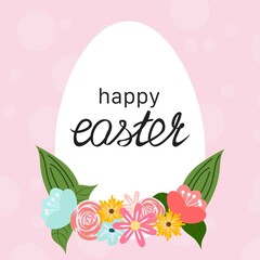 Happy Easter template with flowers and Easter egg on the background. For cards, banners, flyers, advertisements.