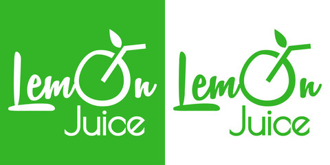Logo Juice bar. Banner con caligrafía Lemon Juice con letra O con forma de bebida de limón en fondo verde y fondo blanco