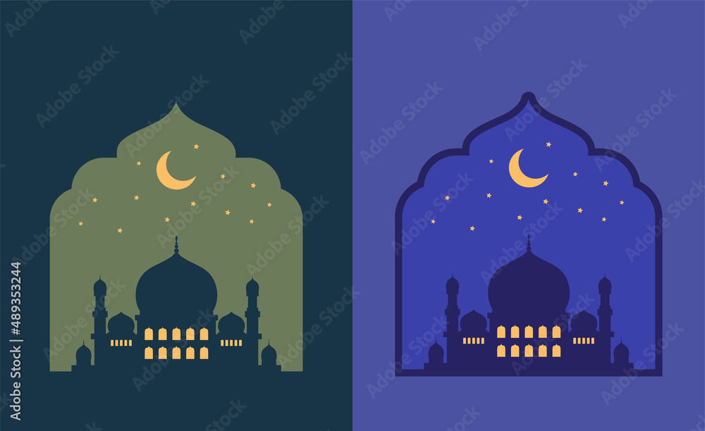 Wall mural mosque vector silhouette in ramadan kareem with sky and moon