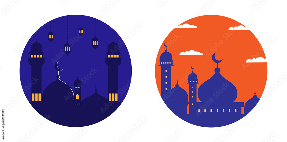 Wall mural mosque vector silhouette in a circle frame with sky