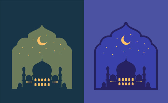 Mosque Vector Silhouette In Ramadan Kareem With Sky And Moon