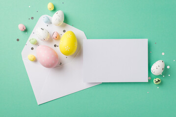 Top view photo of easter decorations confetti white open envelope multicolored easter eggs and paper card on isolated turquoise background with blank space